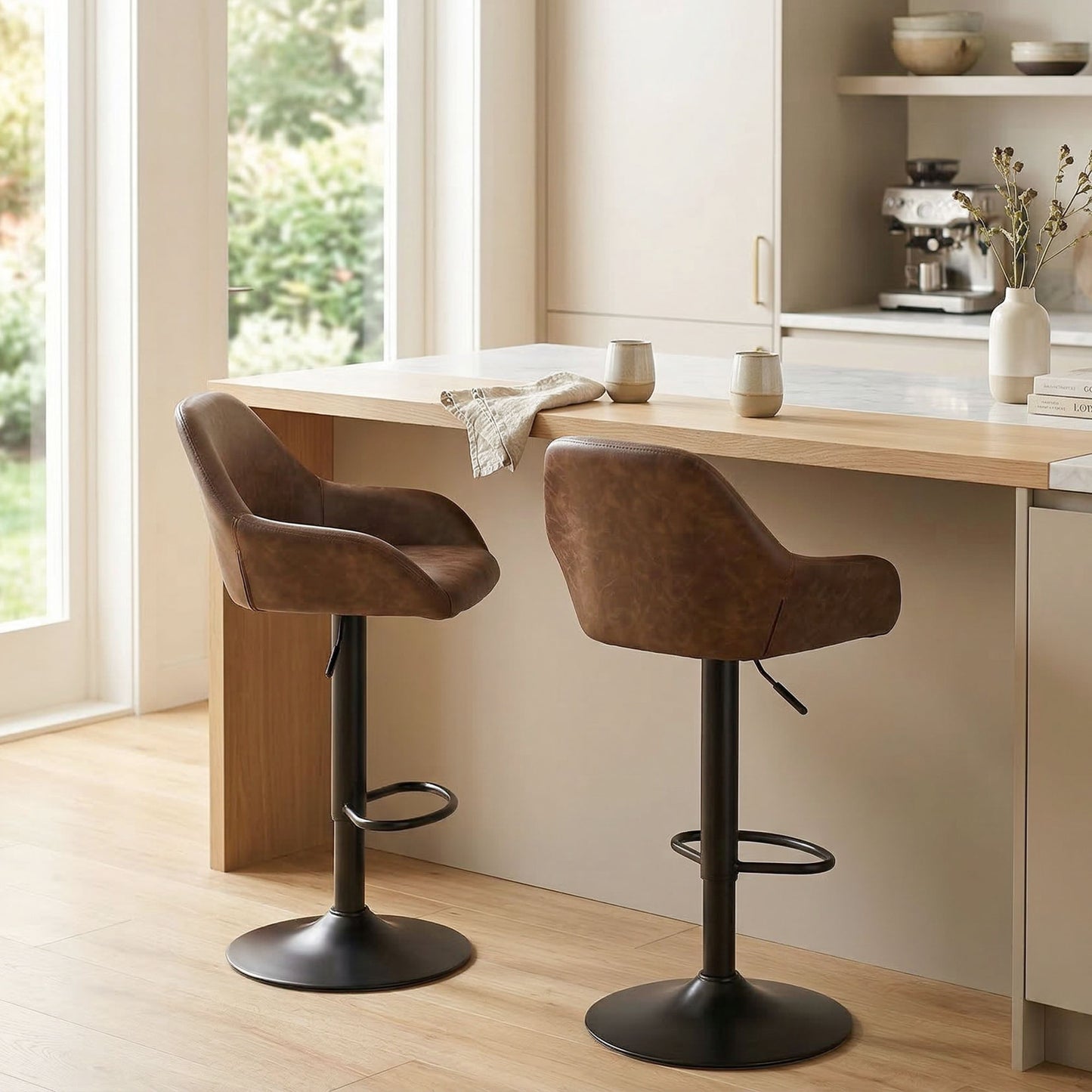 Adjustable Bar Stools Set of 2, Swivel Barstools with Footrest and Back, PU Leather and Steel Round Base, Coffee