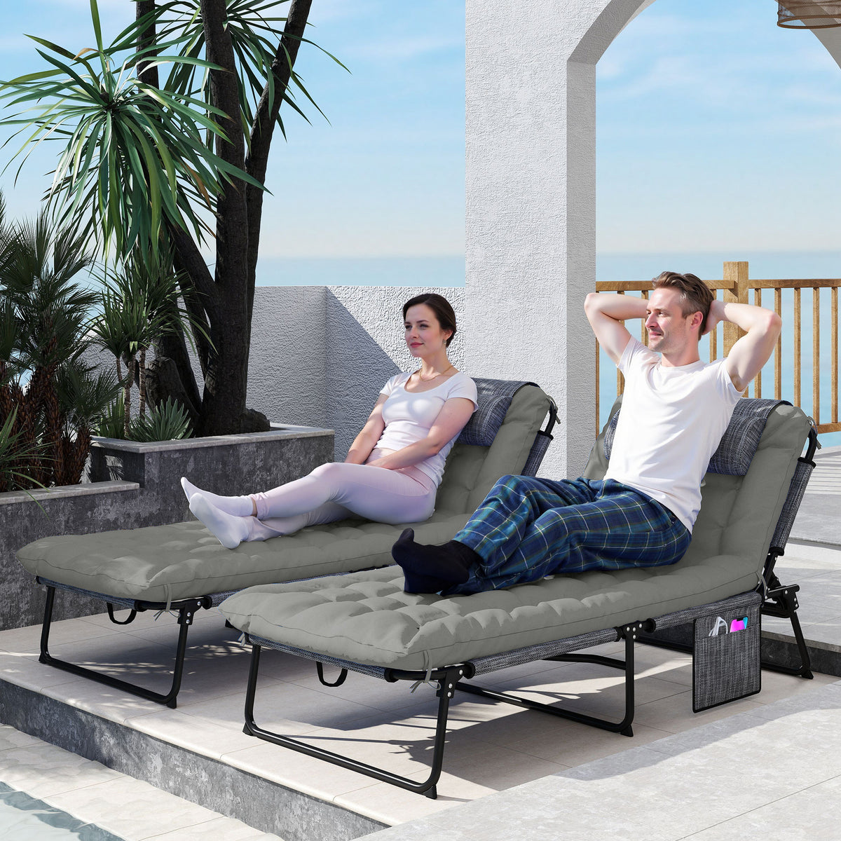 2-Piece Folding Lounge Chairs with Adjustable Backrest, Tanning Chair with Cushion, Side Pocket, Headrest, Beige - Grey