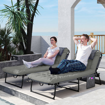 2-Piece Folding Lounge Chairs with Adjustable Backrest, Tanning Chair with Cushion, Side Pocket, Headrest, Beige - Grey