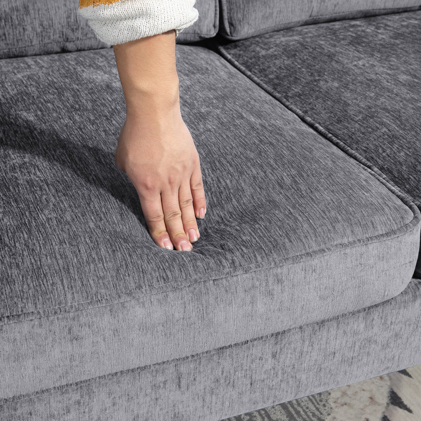 Modern Corner Couch with Right Chaise Lounge, Tufted 3-Seater Sofa with Wooden Legs for Living Room, Grey