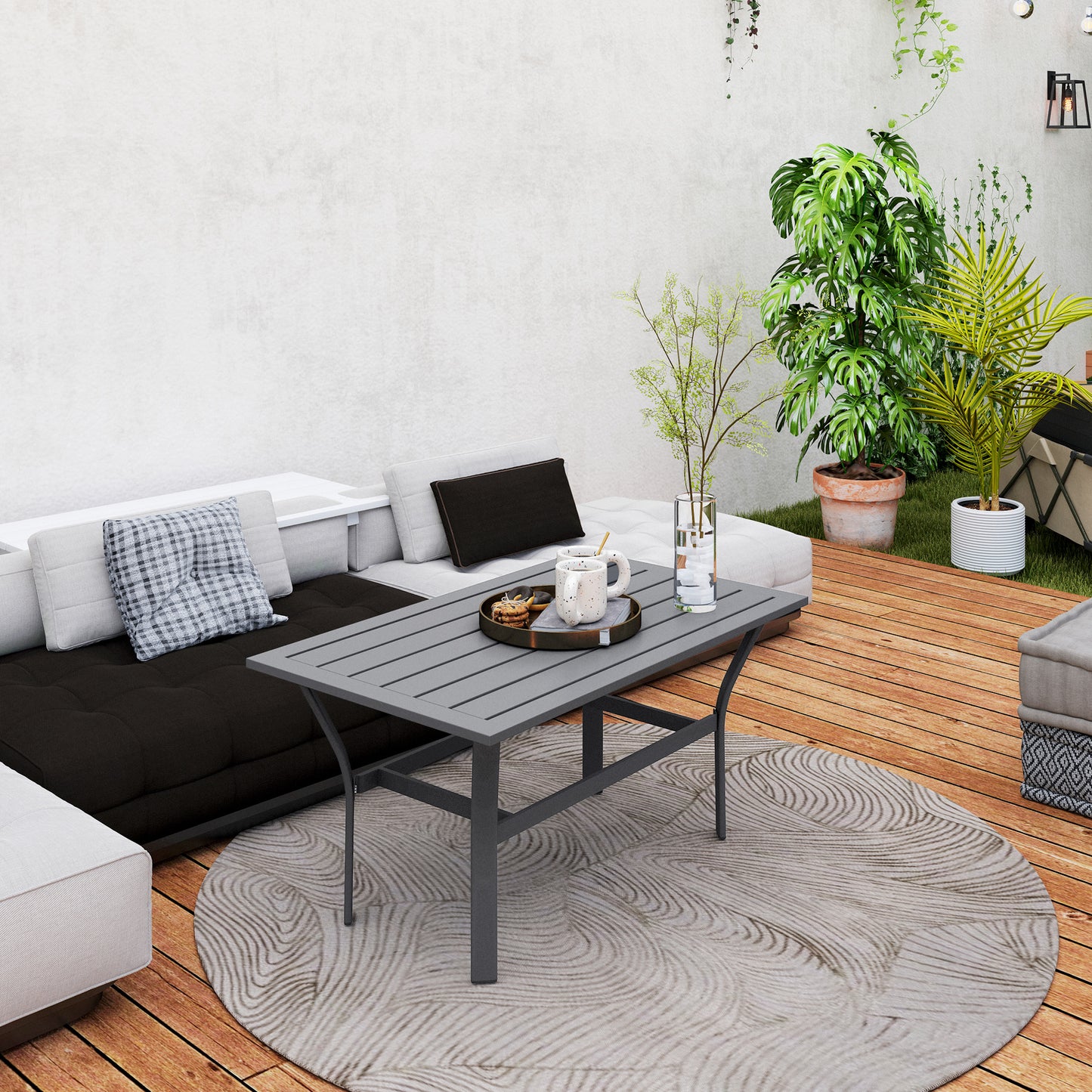Outdoor Side Table with Slatted Tabletop, Metal Patio Coffee Table for Garden, Balcony, Black