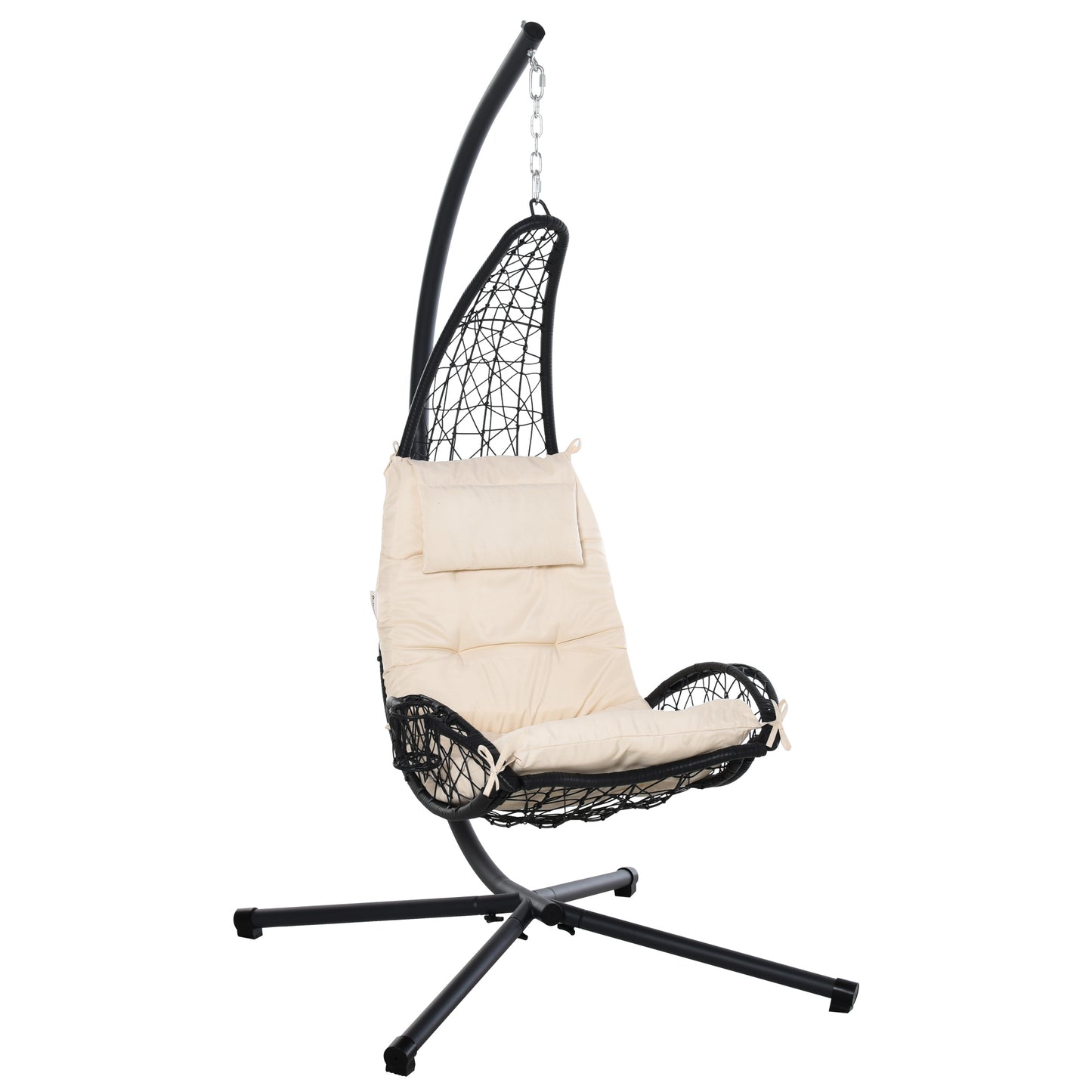 Outdoor Patio Wicker Hanging Egg Chair with Stand, Hammock Swing Chair with Cushion and Pillow, swing Chair with Stand, Cup Holder for Backyard, Garden, Porch, Beige
