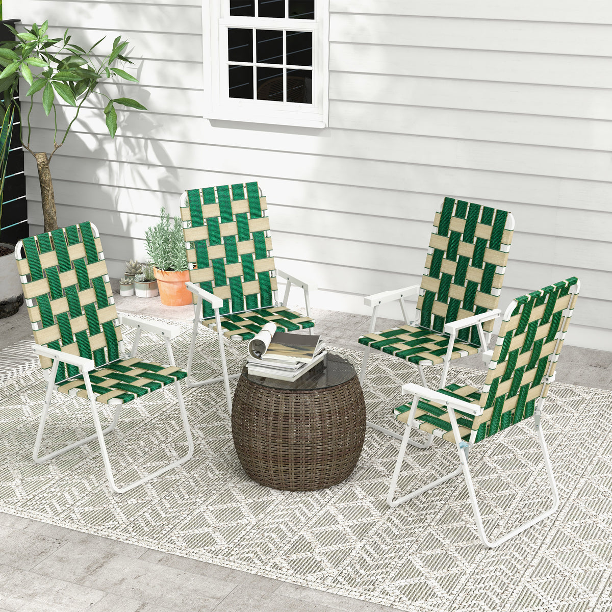 Set of 4 Folding Patio Chairs, Portable Chair Set with Armrests for Camping, Garden, Pool, Beach, Green