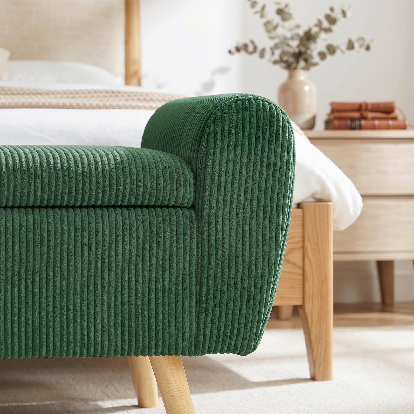 Storage Ottoman, 59" Corduroy End of Bed Storage Bench for King Size Bed with Wooden Legs and Rolled Arms, Dark Green