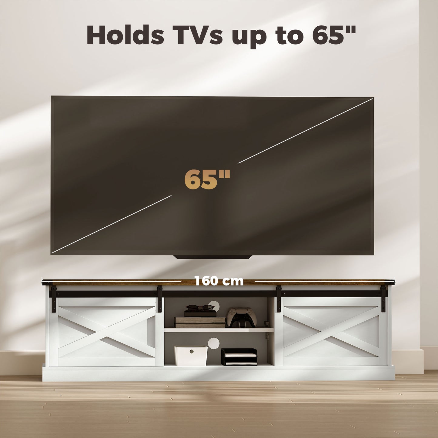 TV Stand for TVs up to 65 Inch, Entertainment Center with Shelves, Cabinets, Sliding Barn Doors, Thick Top, White