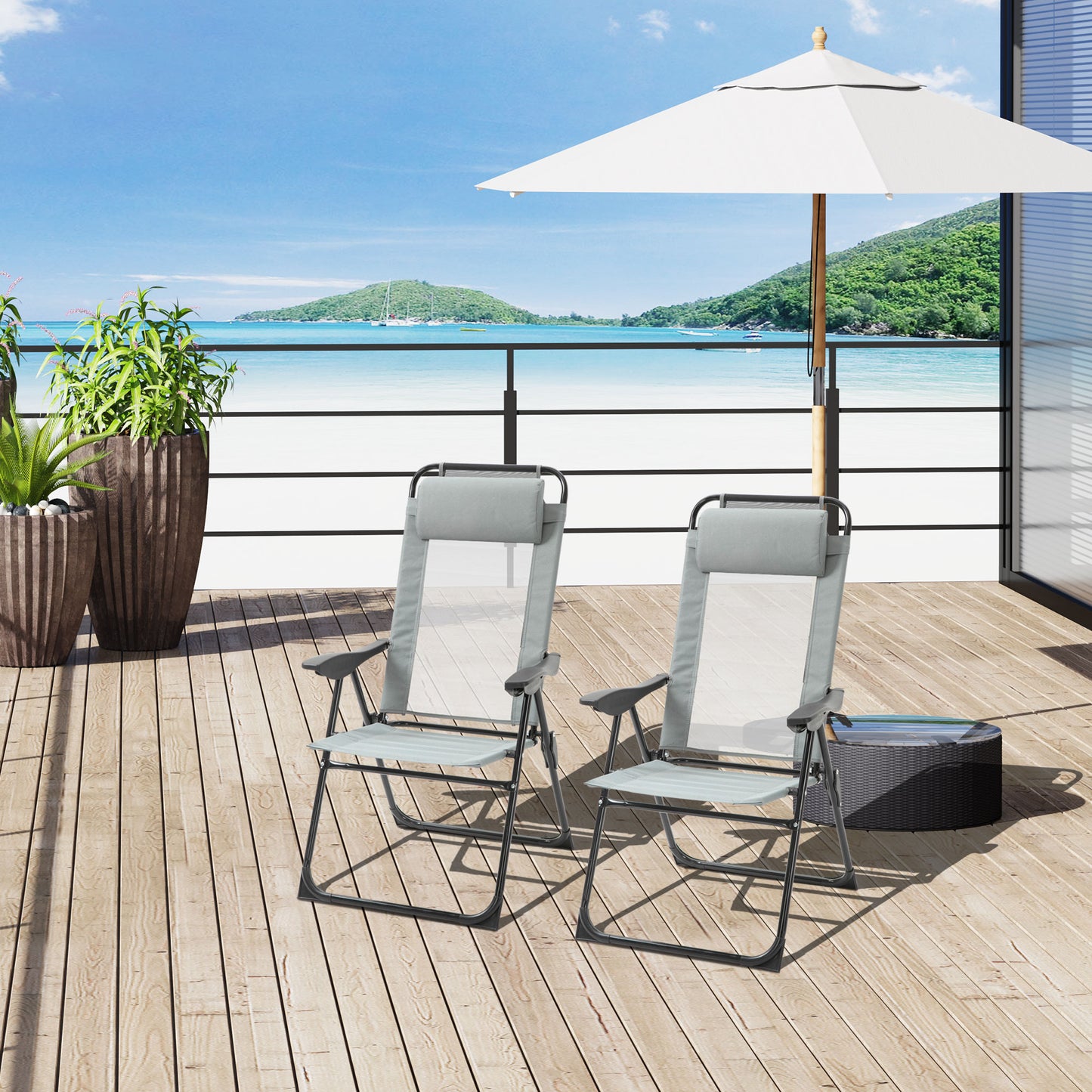 Set of 4 Camping Chairs, Outdoor Folding Lounge Chair Set with 5 Level Adjustable Backrest, Removable Headrest, Armrest for Camping, Backyard, Grey - Grey