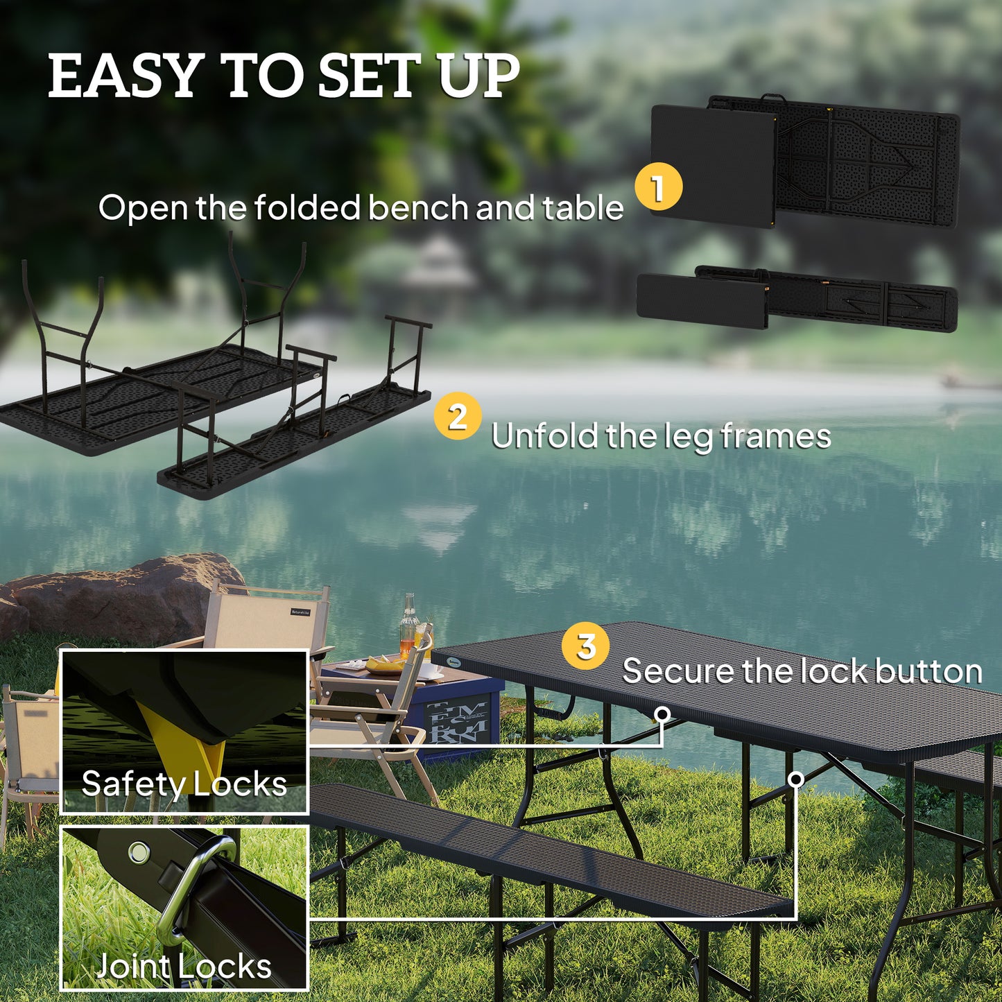 6FT 3PCS Faux Rattan Outdoor Camping Table Bench Set with Carrying Handles, Folding Picnic Table with 2 Benches, Black