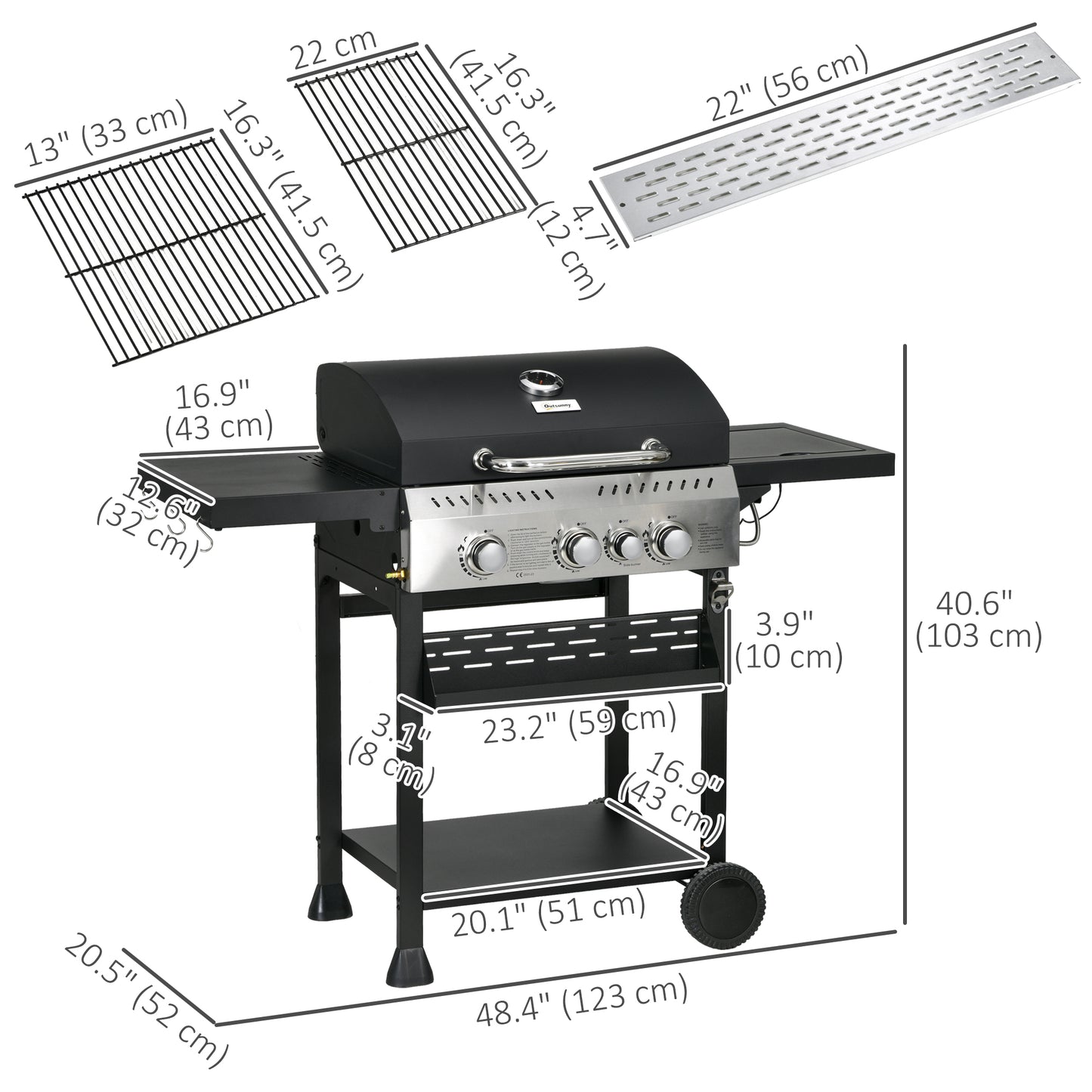 38,000 BTU Propane Gas Grill BBQ Cart with 3 Main Burners, 1 Side Burner, with Warming Rack, Side Prep Tables, Black