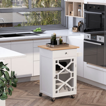 Rolling Kitchen Cart with Drawer and Glass Door - White