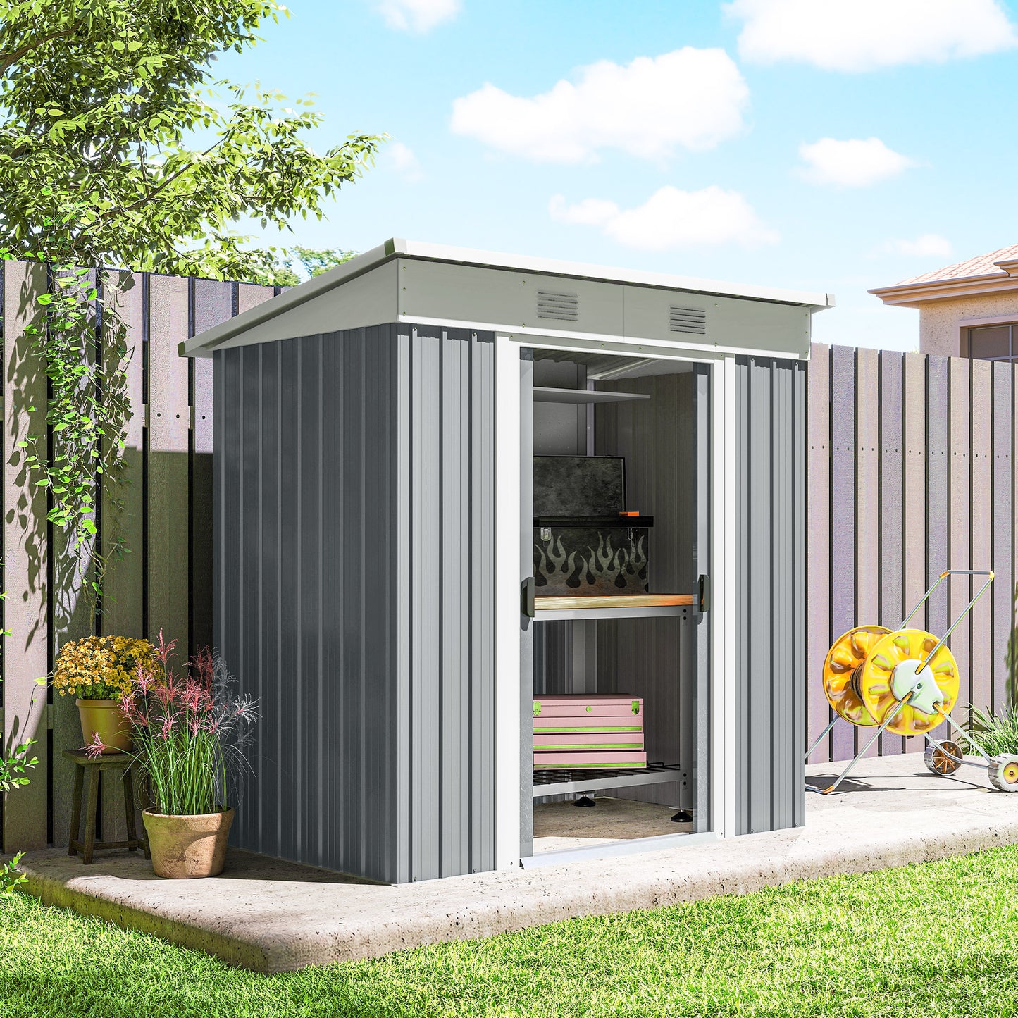 6' x 4' Outdoor Storage Shed, Metal Garden Shed with Lockable Sliding Doors and Vents, Grey