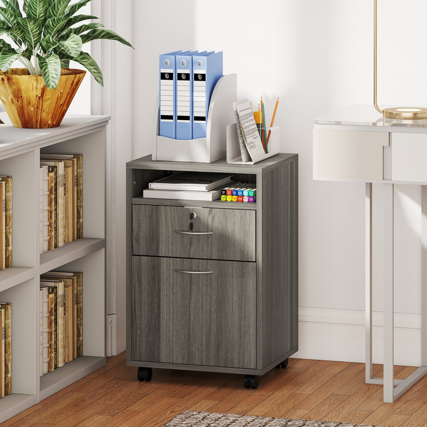 24" Filing Cabinet with Open Compartment, Lockable Drawer and Wheels, Home Office Storage Cabinet, Distressed Grey