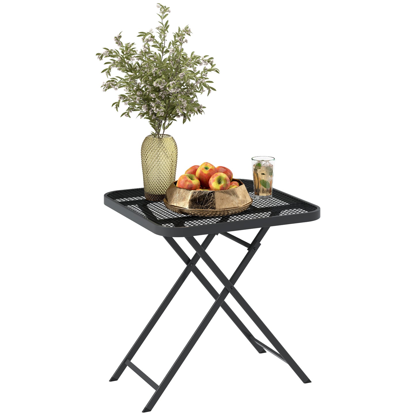 27.5" Square Outdoor Patio Table, Outdoor Folding Table with Grid Rattan-Like Top for Camping, Picnic, Black