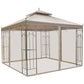 10' x 10' Steel Outdoor Patio Gazebo Canopy with Removable Mesh Curtains, Display Shelves, & Steel Frame, Brown
