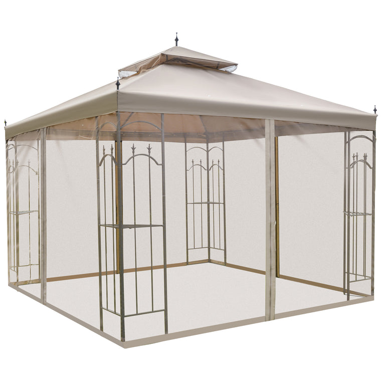 10' x 10' Brown Steel Gazebo with Curtains & Display Shelves