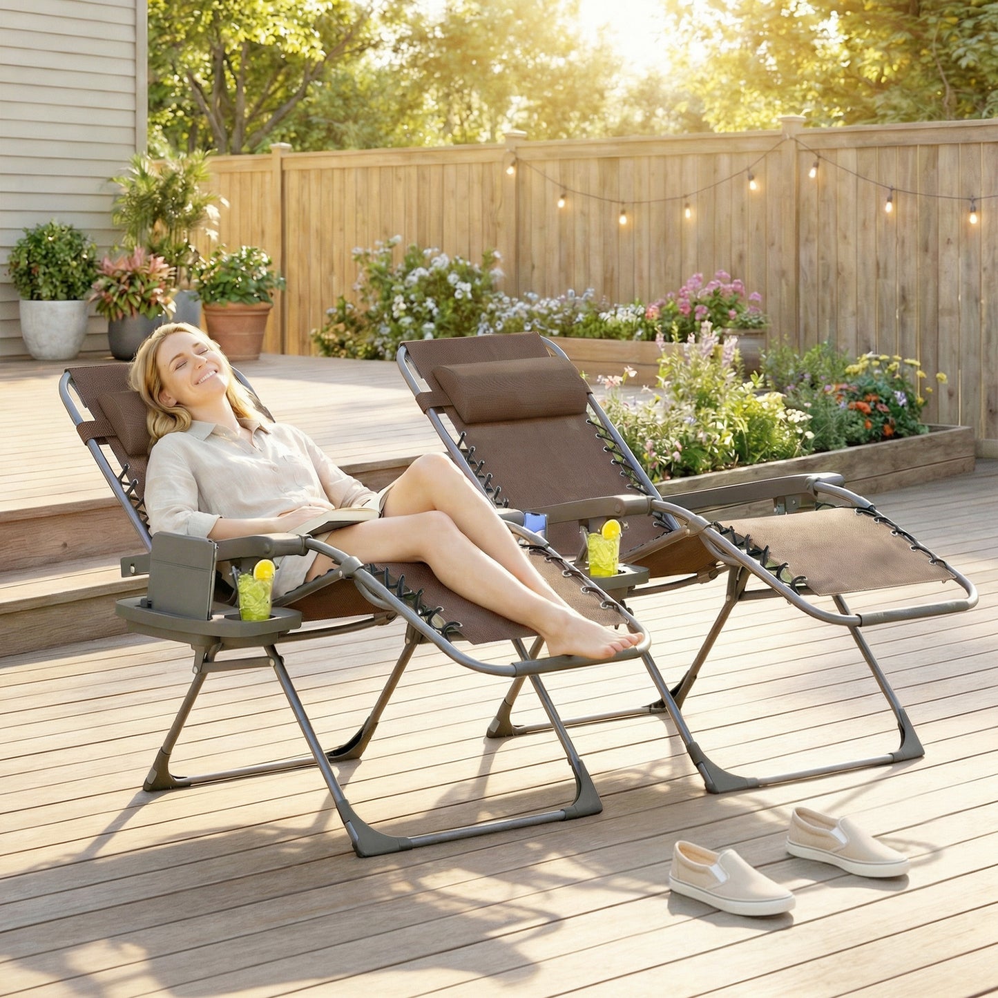 Zero Gravity Chair Set of 2, Folding Reclining Outdoor Lounge Chair with Cup Holder, Headrest, Brown - Brown
