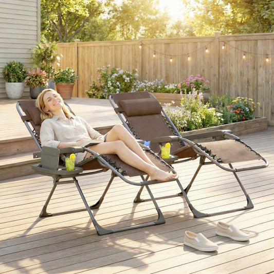 Zero Gravity Chair Set of 2, Folding Reclining Outdoor Lounge Chair with Cup Holder, Headrest, Brown - Brown