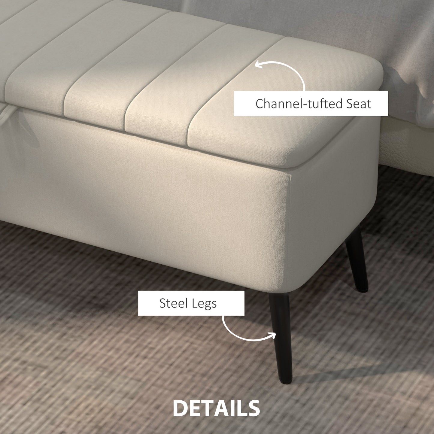 40" Ottoman with Storage, Linen Upholstered Storage Ottoman Bench with Steel Legs for Living Room, Bedroom Cream White