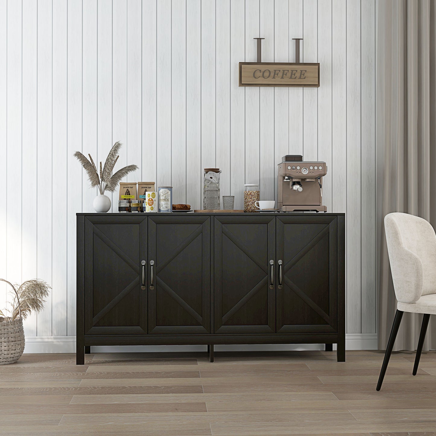 Sideboard Buffet, Storage Cabinet with Barn Door and Adjustable Shelf, TV Stand for TVs up to 65 Inches, Black Oak