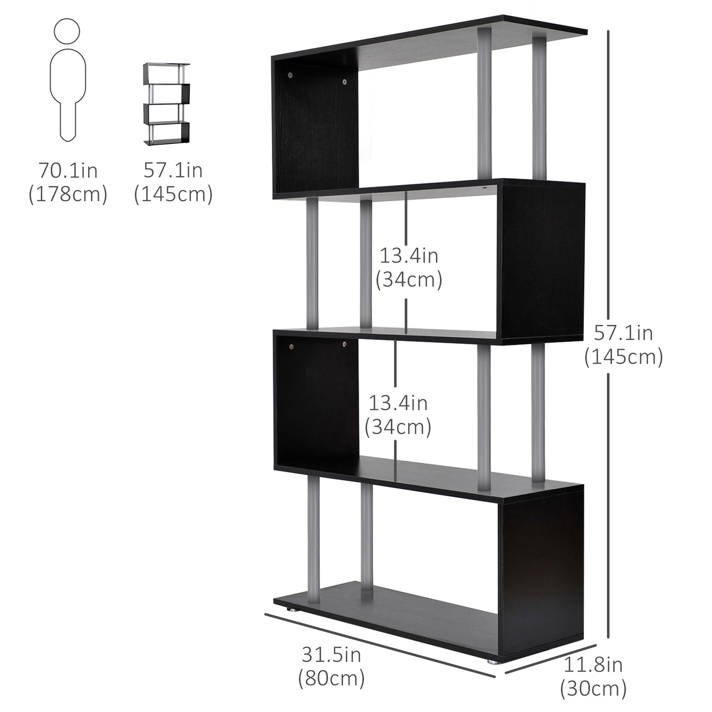 5-Tiers Geometric Wooden Bookcase S-Shaped Storage Bookshelf Display with Metal Frame for Living Room, Bedroom, Home Office, Black