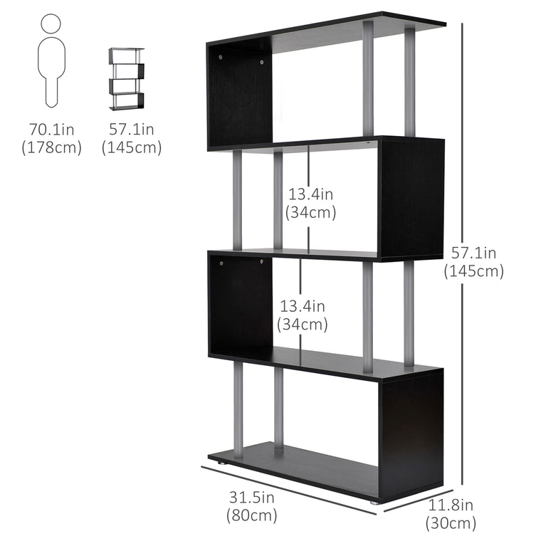 5-Tier S-Shaped Geometric Bookcase - Black