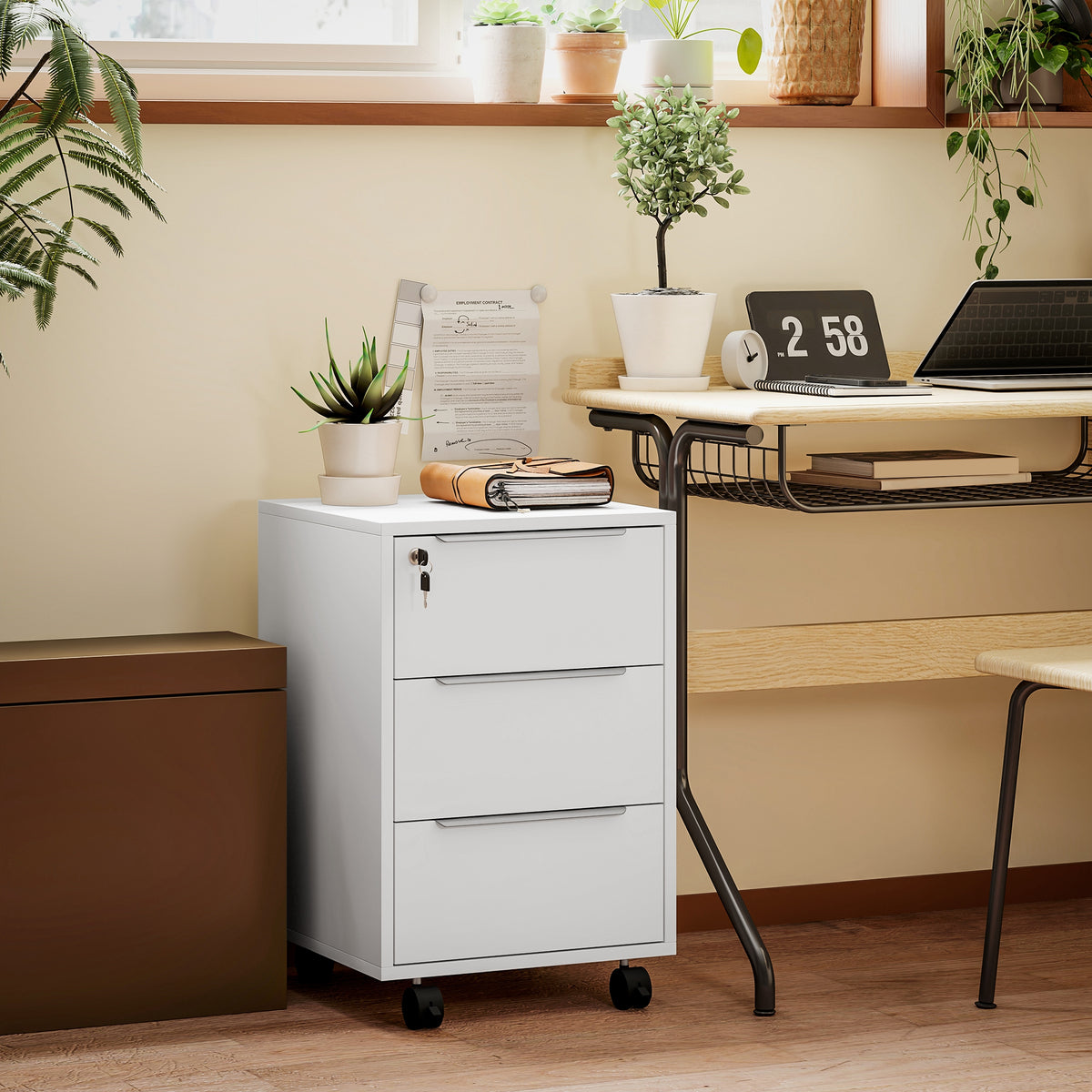 3-Drawer File Cabinet with Wheels, Vertical Filing Cabinet with Lock, White