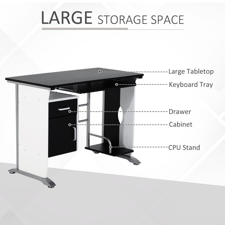 Computer Desk with Keyboard Tray and CPU Stand - Black and White