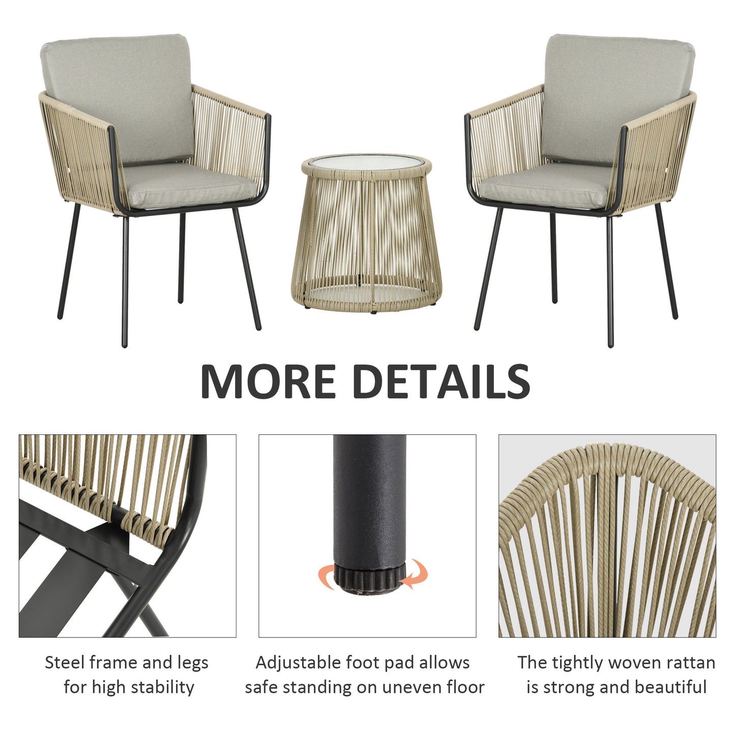 3 Piece Outdoor Patio Bistro Set, Wicker Rattan Furniture with Metal Legs for Garden, Backyard, Light Grey