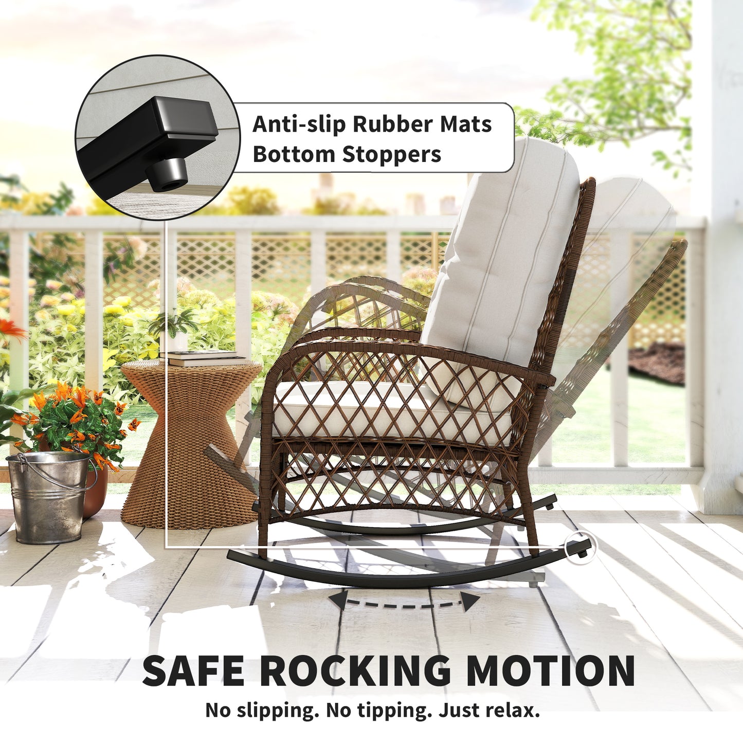 Outdoor Wicker Rattan Rocking Chair Patio Rocker with Thick Cushions for Garden Backyard Porch, Light Mixed Brown