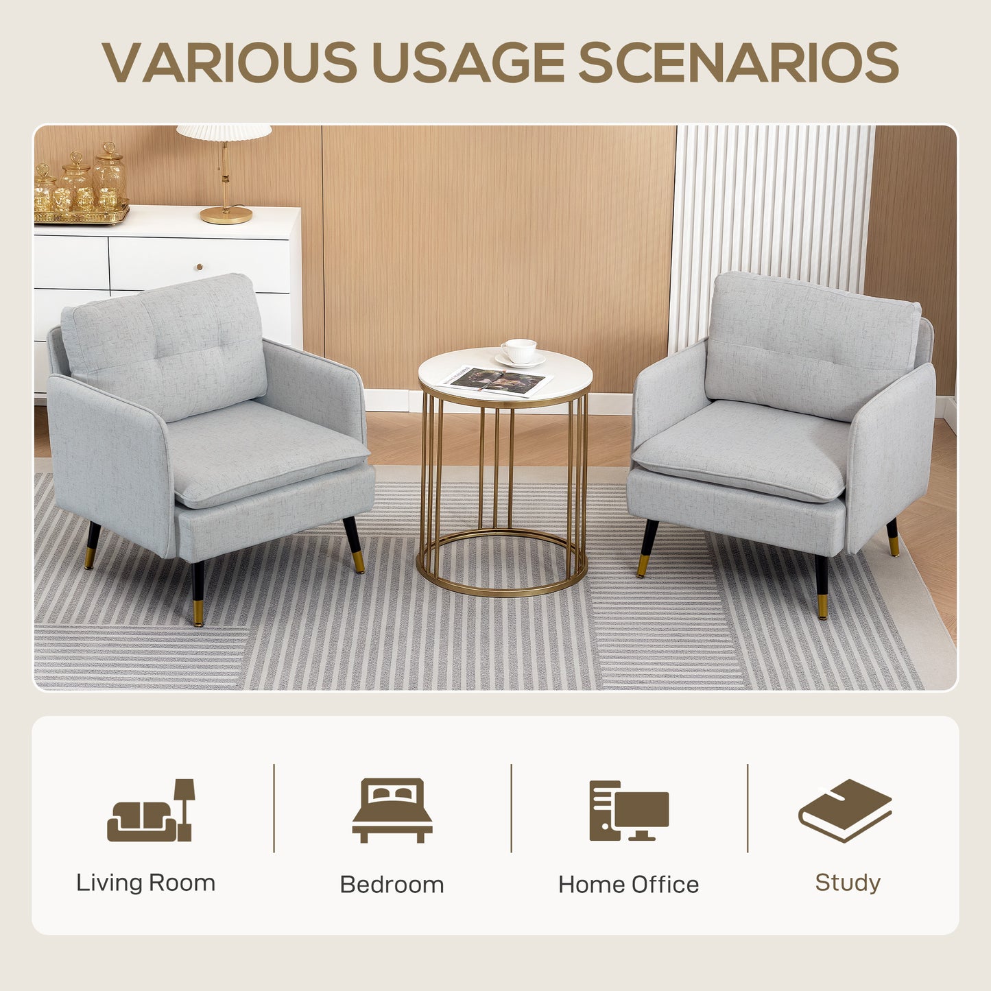 Accent Chairs Set of 2, Upholstered Armchairs with Tufted Back Cushion and Steel Legs for Living Room, Bedroom