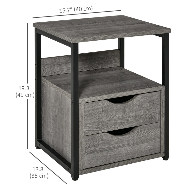 Industrial Nightstand with 2 Drawers and Shelf - Grey