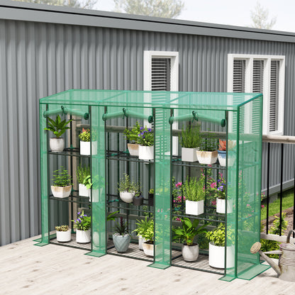 Green Lean-To Greenhouse with 3-Tier Shelves & 3 Roll-Up Doors