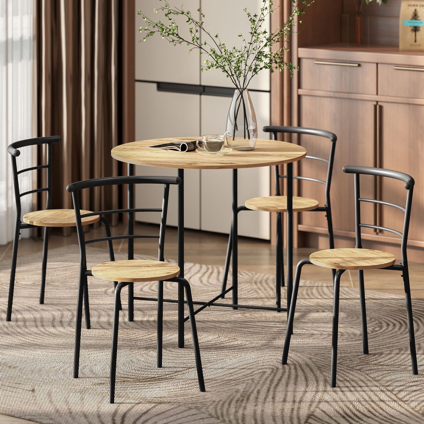5 Piece Dining Table Set, Space Saving Round Dining Set for 4 with Metal Frame for Small Spaces, Natural