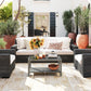 35" Outdoor Wicker Coffee Table with Glass Top, Storage Shelf for Garden Porch Balcony Deck, Dark Grey