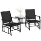 Double Patio Glider Chair with Glass Top Center Table, Outdoor Glider Loveseat with High Back, All Weather Breathable Mesh Fabric for Garden, Backyard, Deck, Black