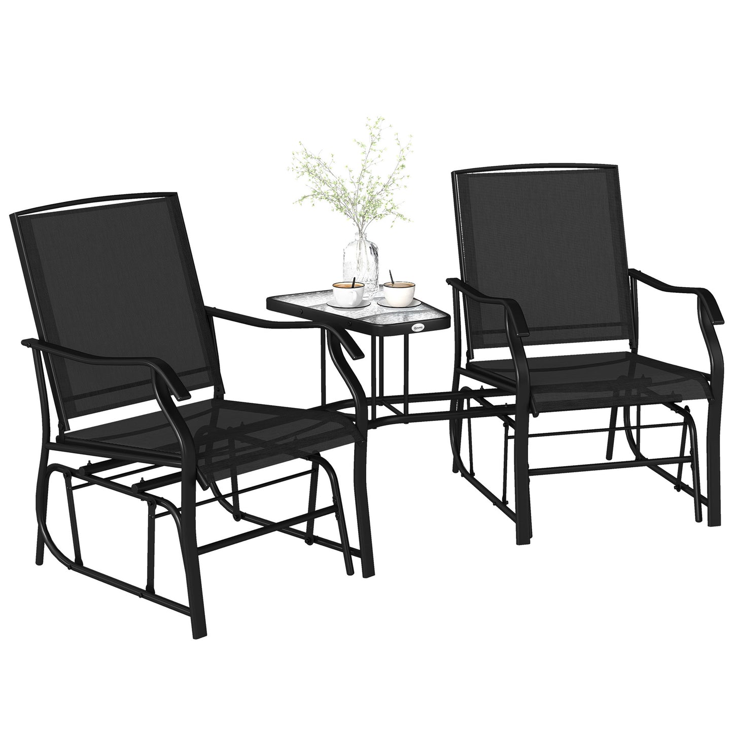 Double Patio Glider Chair with Glass Top Center Table, Outdoor Glider Loveseat with High Back, All Weather Breathable Mesh Fabric for Garden, Backyard, Deck, Black