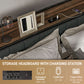 Queen Size Bed Frame with Charging Station, Queen Bed Frame with Upholstered Headboard and Storage Shelf, Walnut