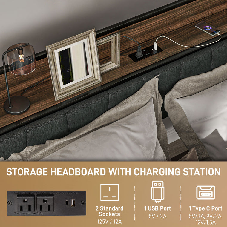 Queen Bed Frame with Charging Station and Storage - Walnut