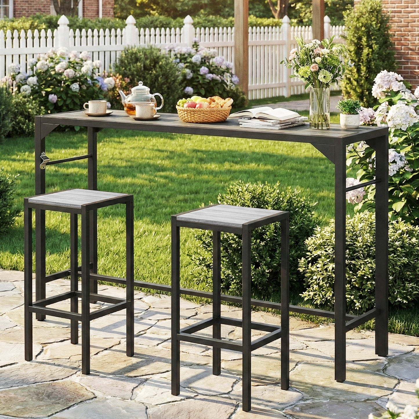 Bar Height Outdoor Table with Built-In Bottle Opener, Patio Bar Table with Wood Grain Plastic Top, 55" x 15" x 39"