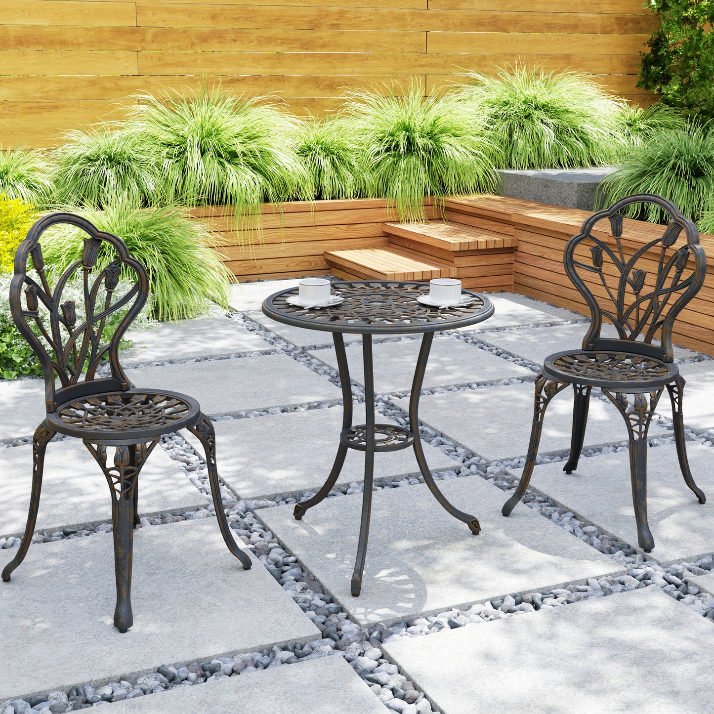 3PCs Patio Bistro Set, Outdoor Cast Aluminum Garden Table and Chairs with Umbrella Hole for Balcony, Bronze