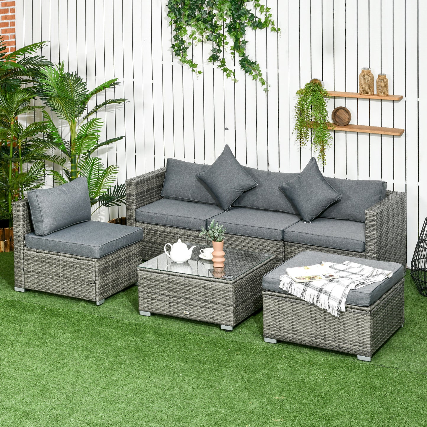 6 Pieces Outdoor PE Rattan Wicker Patio Furniture Sofa Set with Thick Cushions, Deluxe Garden Sectional Couch with Glass Top Table, Mixed Grey and Dark Grey - Multicolor