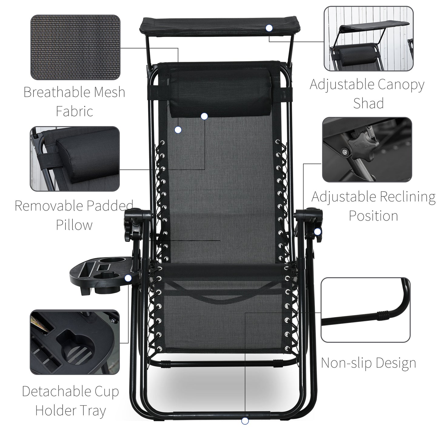 2 Piece Foldable Lounge Chair with Canopy Shade, Outdoor Zero Gravity Chair w/ Side Tray & Cup Holder, Reclining Lounger w/ Breathable Mesh Fabric Seat, Pillow, Black