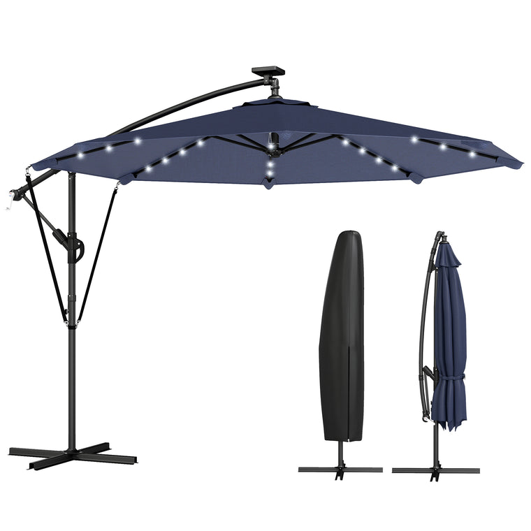 9.7ft Dark Blue Solar LED Cantilever Umbrella with Crank