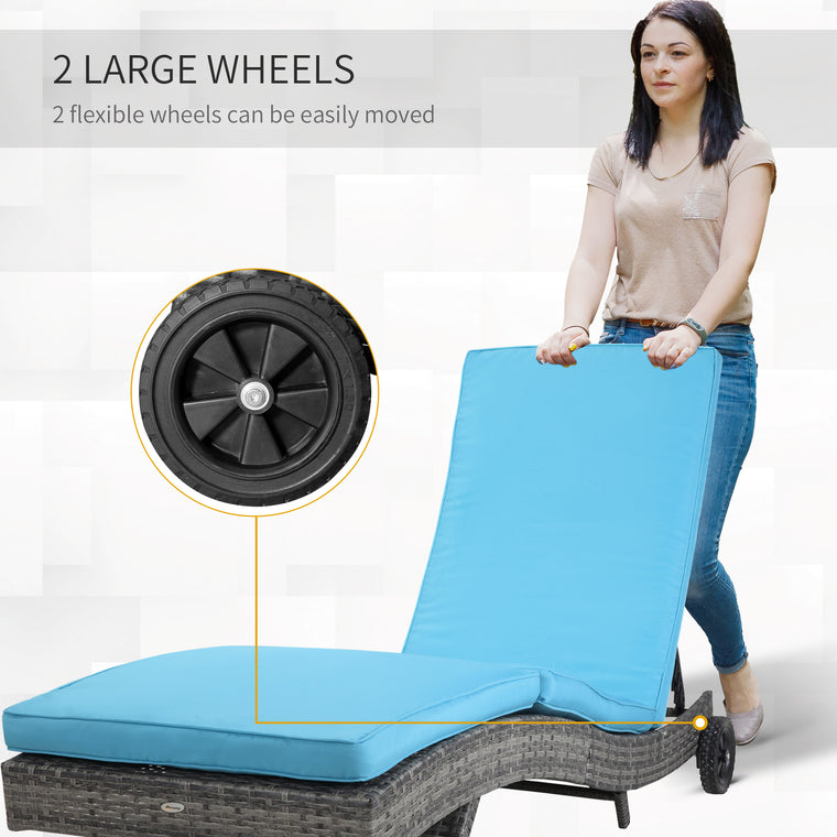 Sky Blue Wicker Chaise Lounge with Wheels