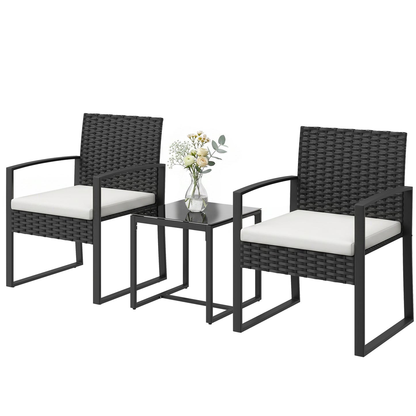 Outdoor Bistro Set, 3 Piece Wicker Patio Furniture Set with Glass Top Table and Cushions for Porch, Balcony, Cream White