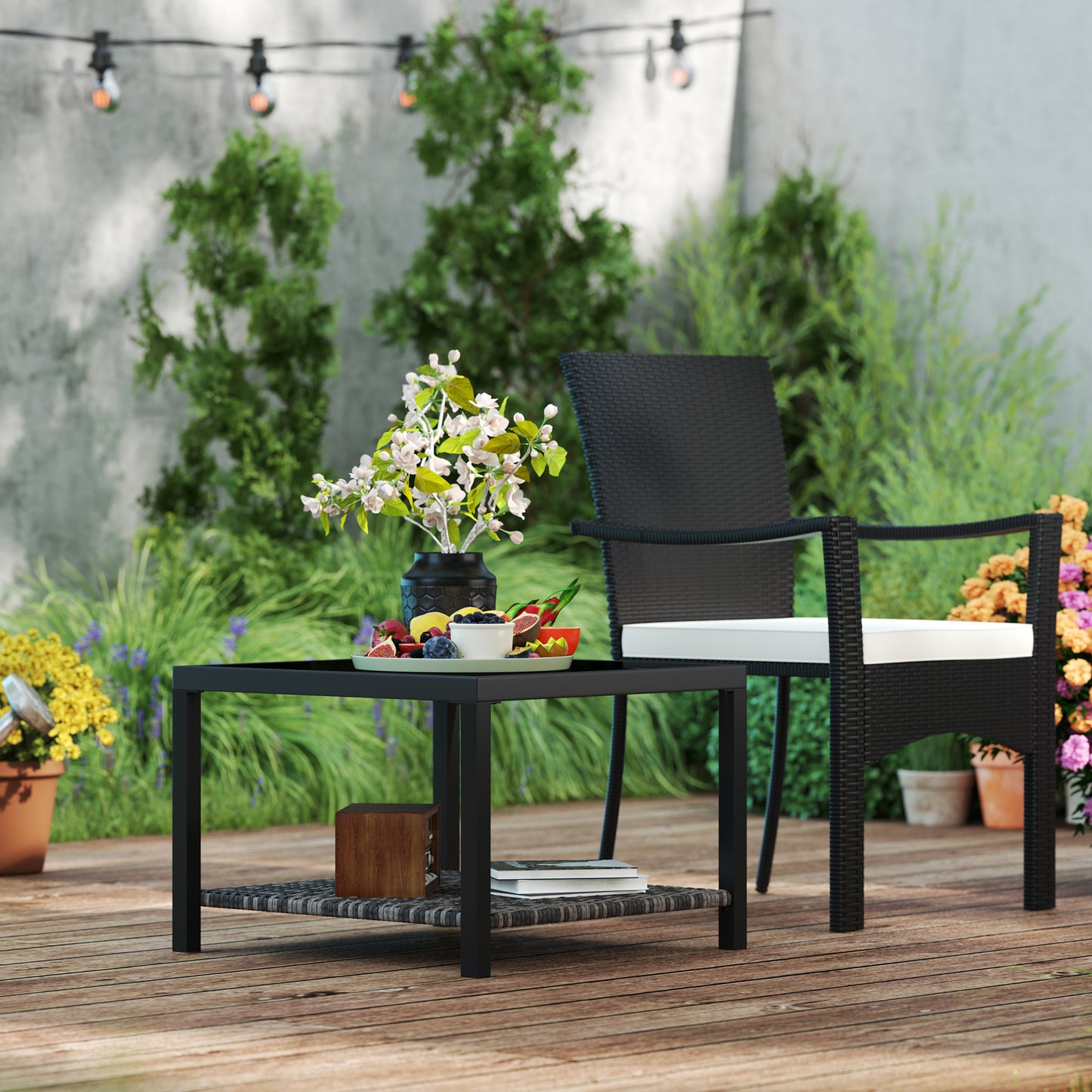 23.6" Rattan End Table, Outdoor Coffee Table with Tempered Glass Top, Storage Shelf for Patio, Garden, Balcony, Black