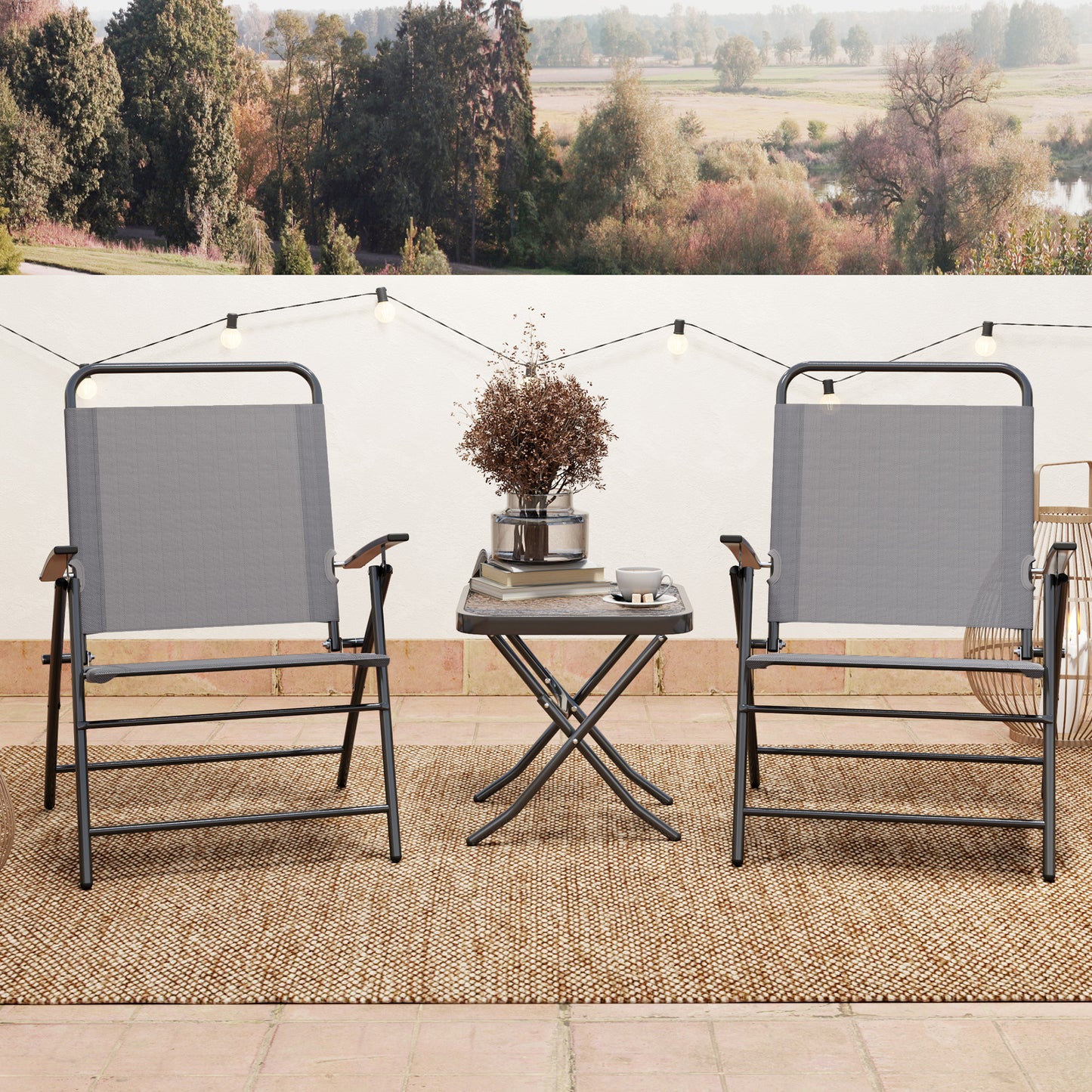Folding Bistro Set, Small Patio Set with Back Adjustable Chairs and Glass Top Table for Garden, Balcony, Porch, Grey