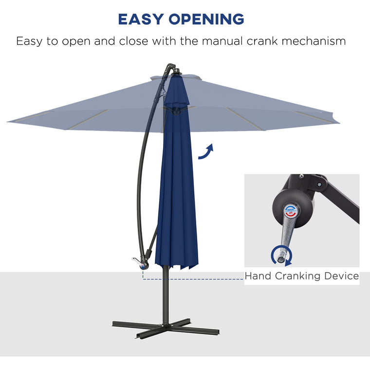 10' Navy Blue Banana Offset Umbrella with Crank & Cross Base