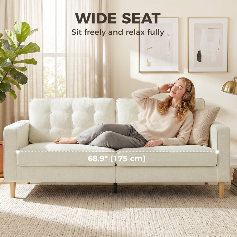 3-Seater Button-Tufted Sofa with Wood Legs