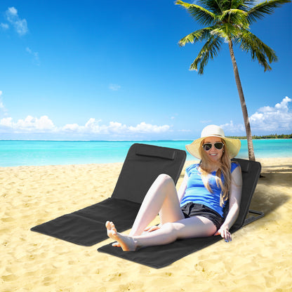 2 Pieces Beach Lounge Chair, Outdoor Folding Chaise Lounge Set w/ Pillow for Sunbath, Snap, Beige - Black