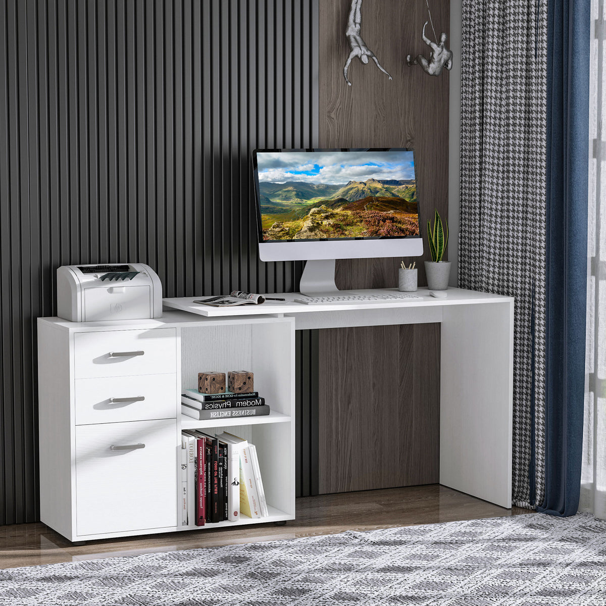 L-Shaped Desk, Computer Corner Desk with Storage Shelf, Drawer, PC Table Home Office Workstation, White